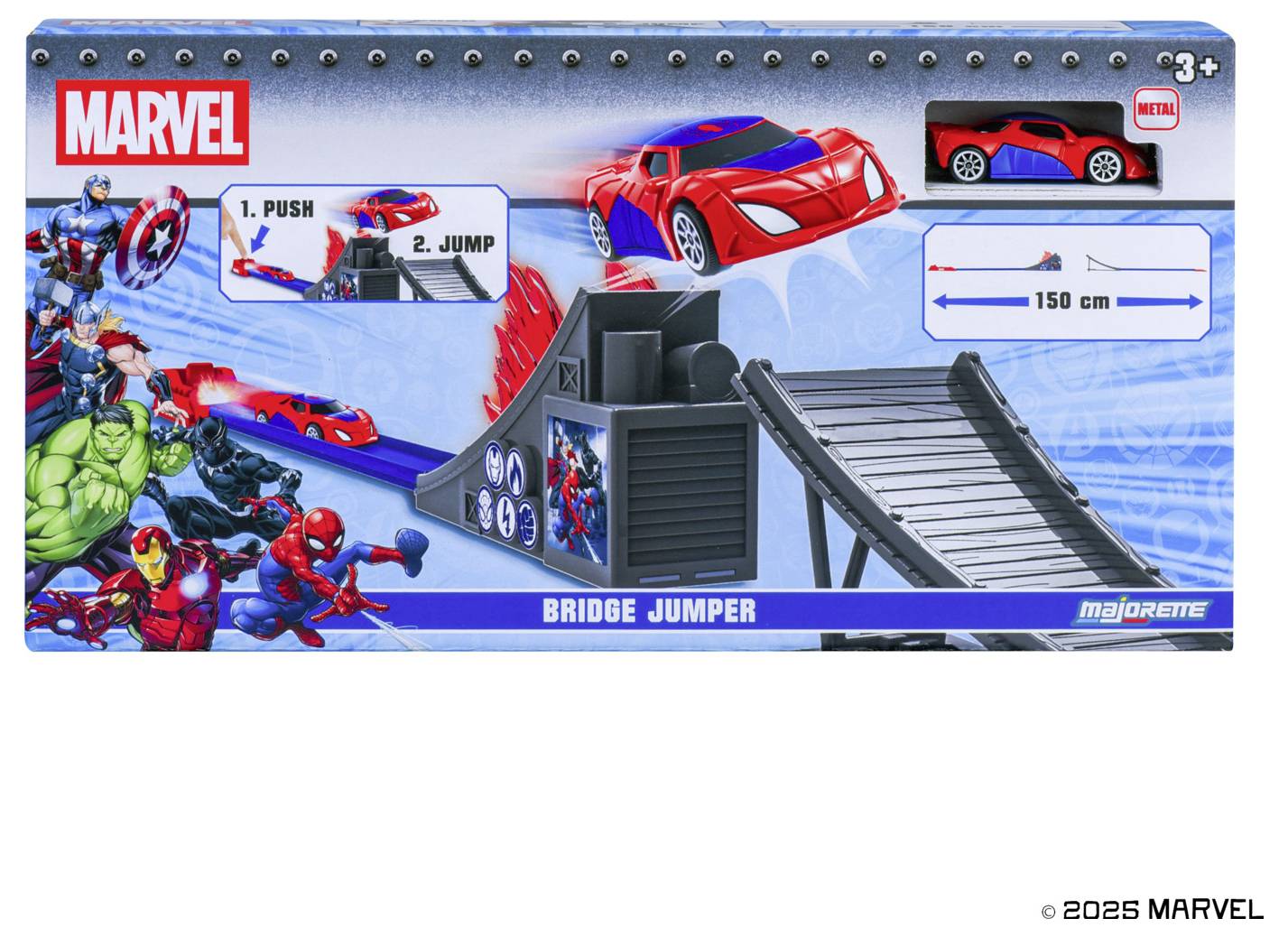 Emballage du jouet 'Marvel Bridge Jumper' montrant une voiture rouge et bleue avec des super-héros. Le diagramme illustre les étapes '1. Pousser', '2. Sauter'.