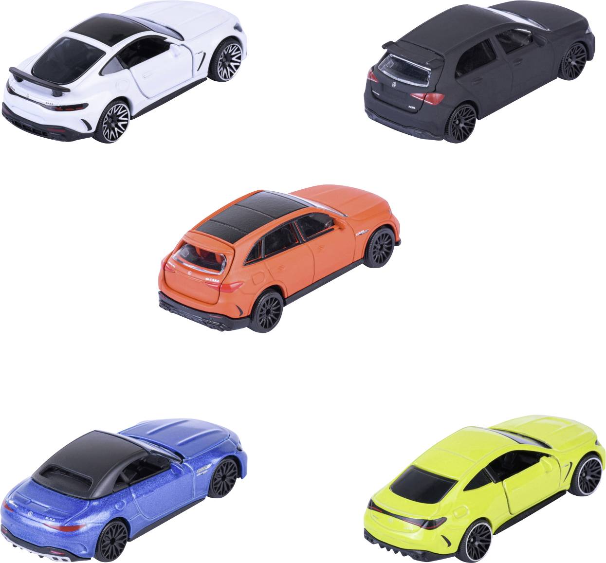 Cinq voitures miniatures de différentes couleurs — blanc, gris, orange, bleu et jaune — disposées en demi-cercle sur un fond uni.