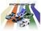Cinq voitures miniatures de différentes couleurs et designs exposées devant le mot 'Porsche', avec des rayures colorées en arrière-plan.
