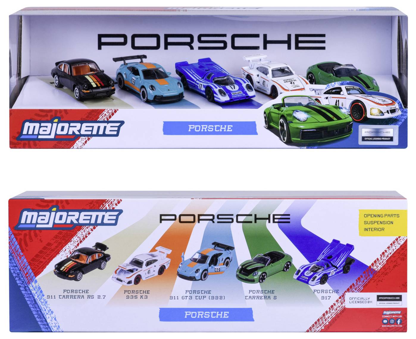 Un coffret contenant sept voitures miniatures, chacune ressemblant à une Porsche, présentées avec des étiquettes. L'avant présente un soulignement arc-en-ciel avec des icônes pour les parties ouvrables, la suspension et l'intérieur.