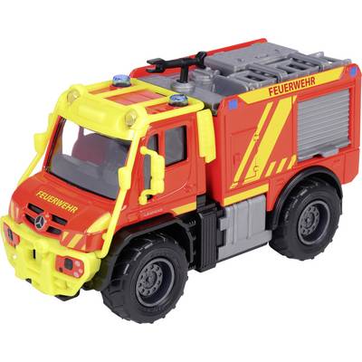 Un camion de pompiers jouet rouge et jaune portant l'inscription 'Feuerwehr', doté de roues détaillées, d'une échelle et de gyrophares sur le toit.
