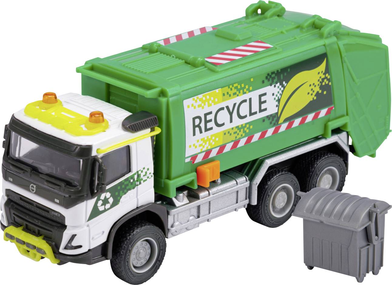 Un camion-jouet vert pour le recyclage portant l'inscription « RECYCLE » sur le côté, avec un symbole de recyclage, et une petite benne grise à côté.