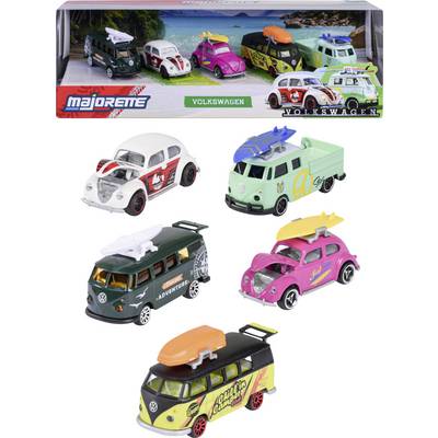 Un ensemble de sept véhicules Volkswagen miniatures dans différentes couleurs et designs, avec les marques 'Majorette' et 'Volkswagen' sur l'emballage.