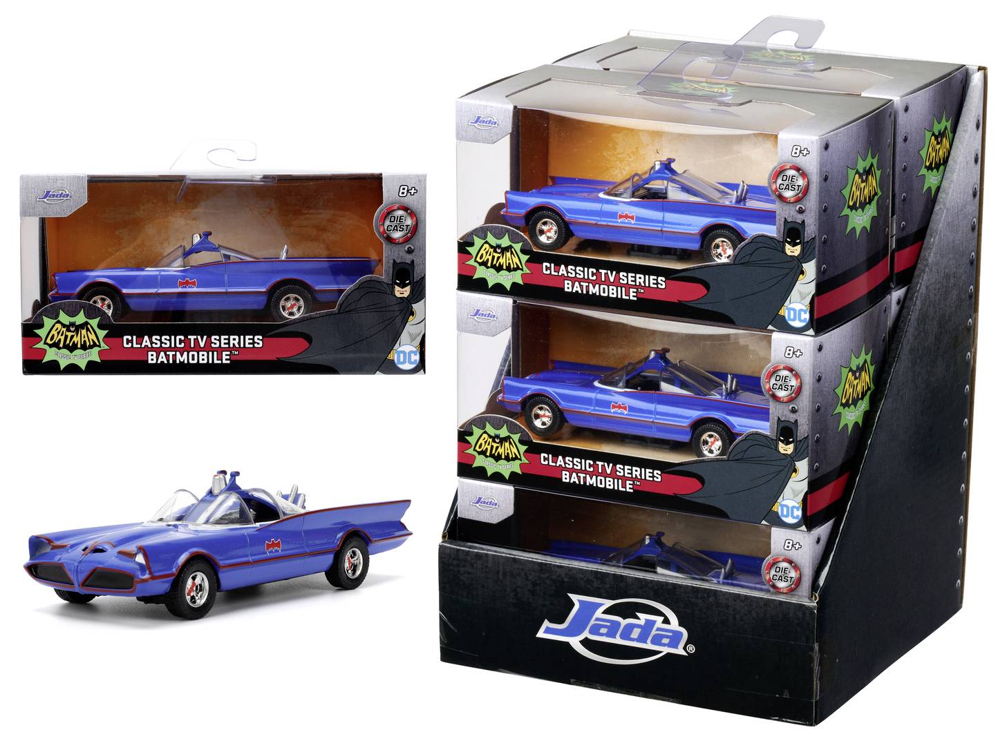 Présentation de modèles de voitures « Batmobile de la Série TV Classique ». Voitures bleues avec logos de chauve-souris rouges dans un coffret de marque. Comprend six voitures avec leur emballage.