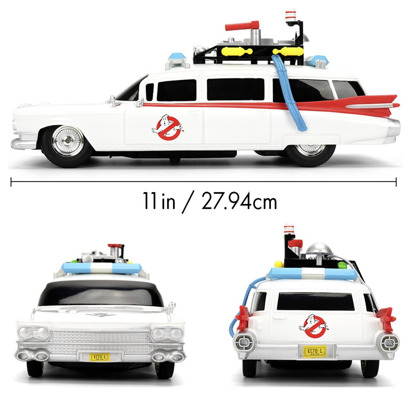 Modèle réduit d'une voiture blanche ressemblant à l'Ecto-1 des Ghostbusters, mesurant 11 pouces ou 27,94 cm. Vues avant, latérale et arrière présentées.
