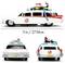 Modèle réduit d'une voiture blanche ressemblant à l'Ecto-1 des Ghostbusters, mesurant 11 pouces ou 27,94 cm. Vues avant, latérale et arrière présentées.