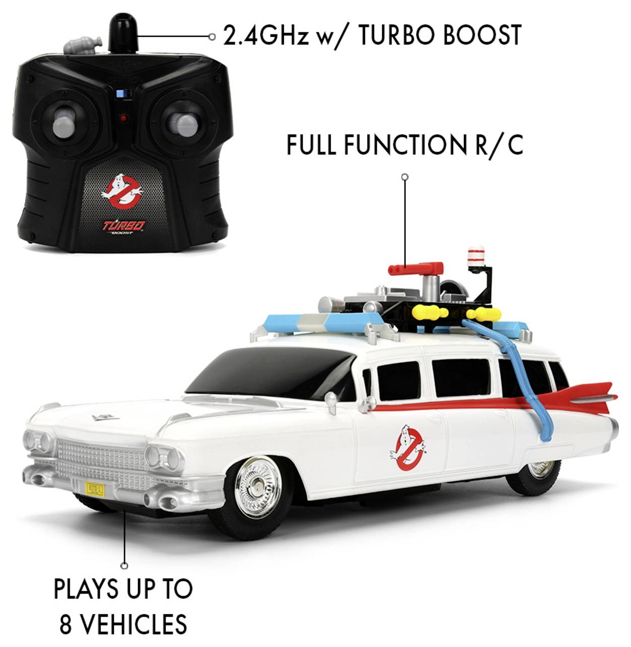 Une voiture Ghostbusters Ecto-1 télécommandée avec des caractéristiques détaillées, accompagnée d'une télécommande. Elle offre un boost turbo et prend en charge jusqu'à 8 véhicules.