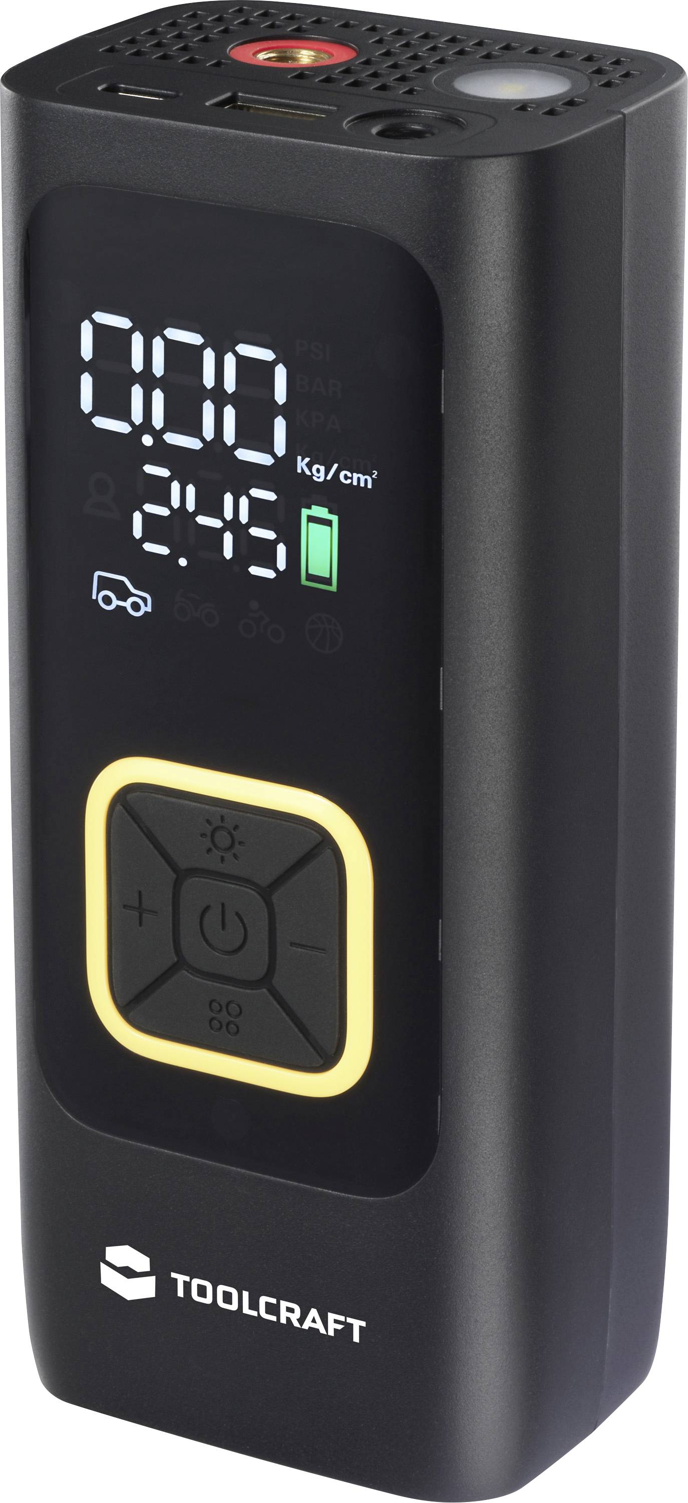 Gonfleur de pneus numérique TOOLCRAFT portable avec écran rétroéclairé affichant 0,00 kg/cm et 2:45 temps de batterie, plus pavé de commande illuminé.