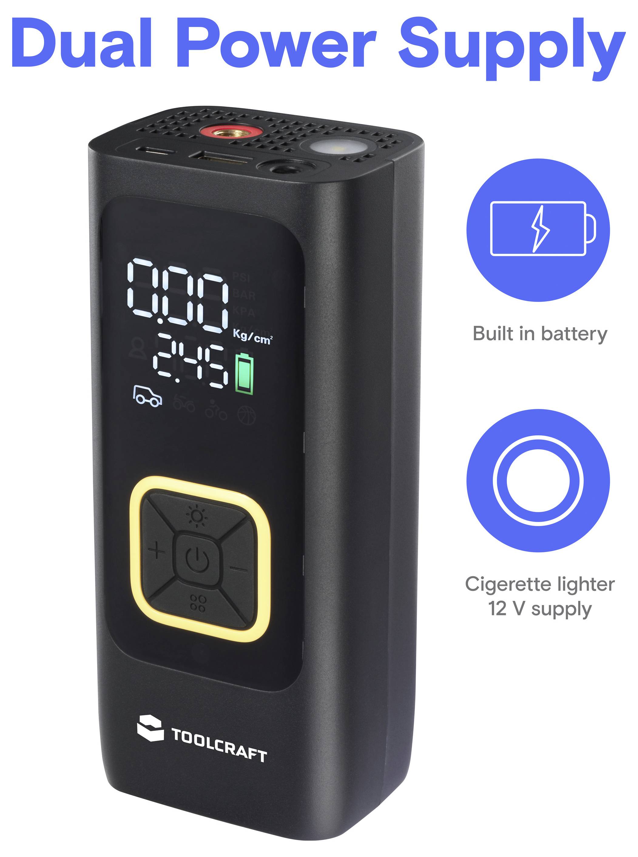 Gonfleur de pneus numérique « Alimentation Double » avec écran LCD, boutons de commande, batterie intégrée et compatibilité allume-cigares 12V automobile.
