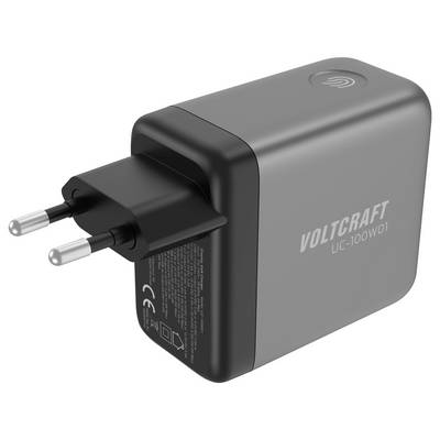 Un chargeur mural USB gris Voltcraft avec prise européenne, étiqueté « VOLTCraft UC-100W01 », indiquant qu'il supporte une charge de 100W.