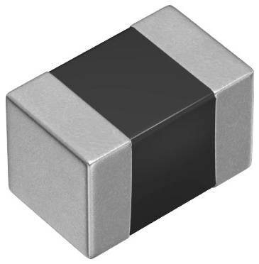 Un petit composant électronique rectangulaire avec des extrémités métalliques et une section centrale noire, probablement un résisteur ou un condensateur utilisé dans les circuits.