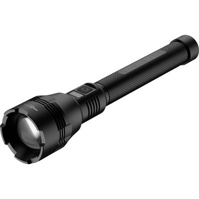 Une lampe de poche noire portable avec une poignée texturée et un affichage numérique sur le côté, conçue pour une utilisation en extérieur ou en cas d'urgence.