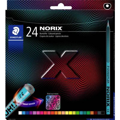 Emballage pour crayons de couleur 'STAEDTLER Noris X', présentant un art numérique aux couleurs vives. Comprend le nom du produit, une image de crayon et un code QR.