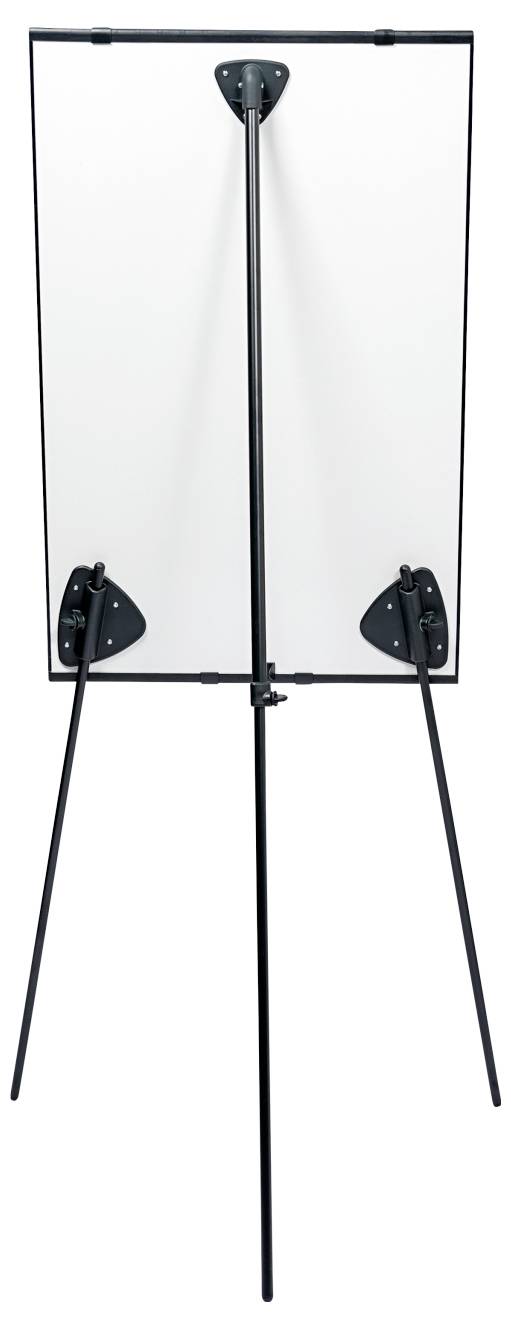 Un trépied noir supporte un tableau blanc vertical, vu de dos, avec des supports réglables en haut et en bas.