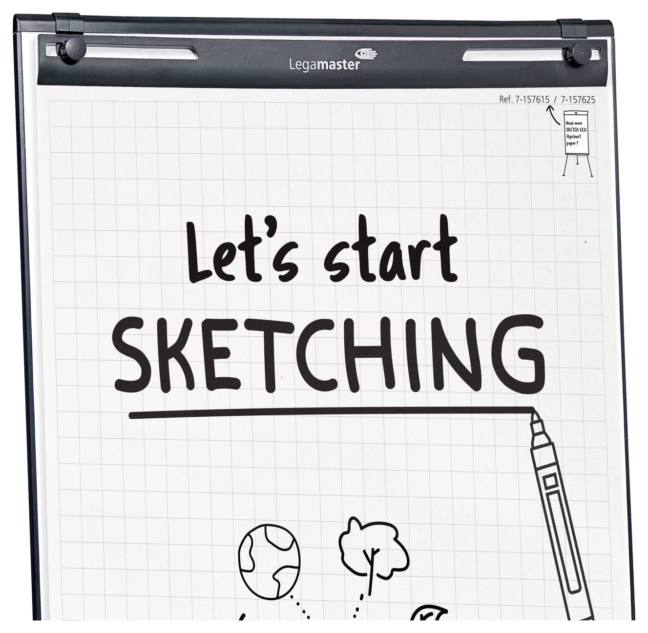 Un chevalet de conférence affichant le texte « Commençons à DESSINER » avec des griffonnages simples d'un stylo, de la Terre et de figures interconnectées en bas.