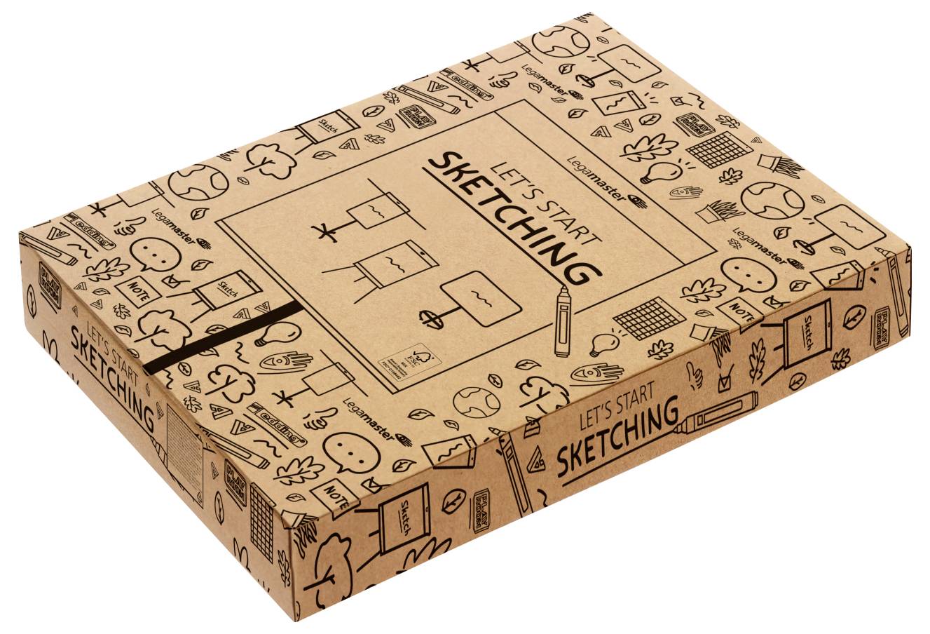 Une boîte en carton étiquetée « Commençons à Dessiner » ornée de divers gribouillis liés au dessin, contenant probablement du matériel de croquis.