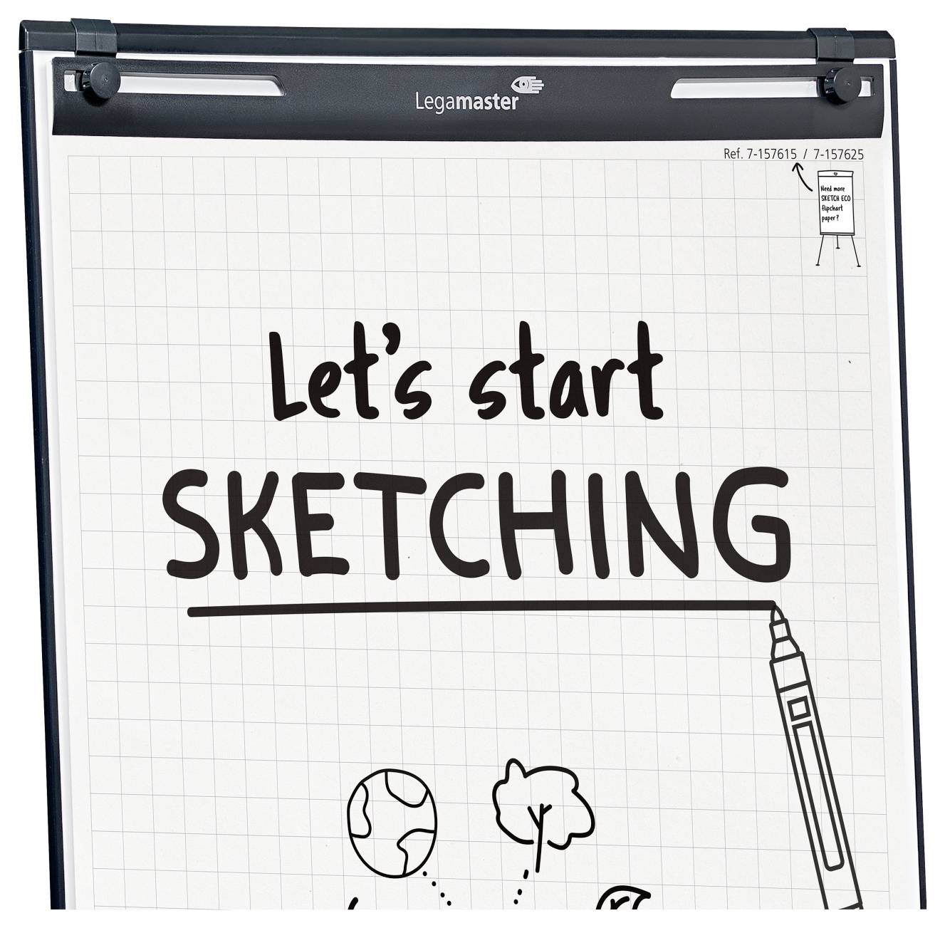 Tableau de conférence avec du papier quadrillé affichant le texte « Commençons à DESSINER » au-dessus de dessins d'un globe et d'une plante.