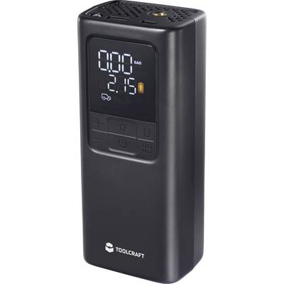 Compresseur d'air portable Toolcraft avec affichage numérique montrant 0,0 bar et 2,15 psi, icône de batterie et boutons de commande sur le devant.