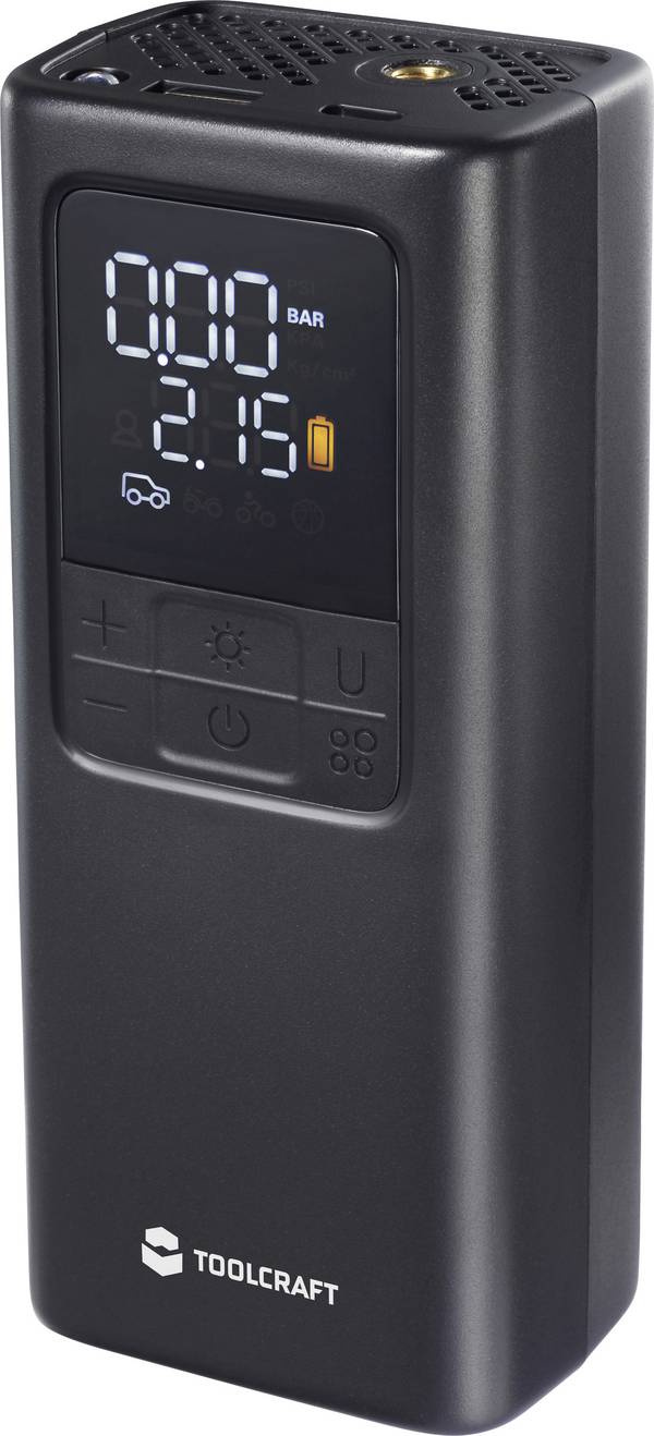 TOOLCRAFT TO-10666212 Compresseur sans fil LP17 10 bar coupure automatique, écran numérique, avec lampe de travail, avec fonction powerbank, 2 modes de fonctionnement, sacoche ou coffret de rangement