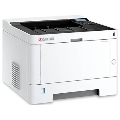 Une imprimante Kyocera blanche avec un dessus noir, équipée d'un petit panneau de commande et d'un plateau de sortie papier, conçue pour une utilisation bureautique.