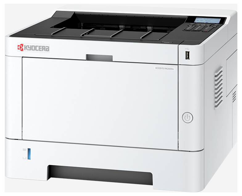 Une imprimante Kyocera ECOSYS blanche avec panneau de commande et bac à papier, adaptée à une utilisation bureautique.