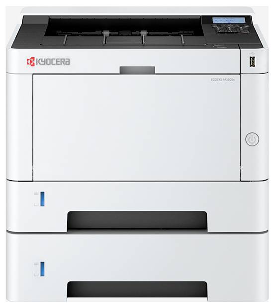 Un imprimante blanche Kyocera modèle ECOSYS PA5000 est posée sur un plateau empilable avec un bouton d'alimentation sur le côté.