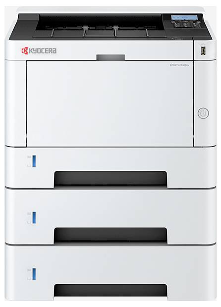 Une imprimante laser Kyocera avec trois bacs à papier, un bouton marche/arrêt et un écran d'affichage, conçue pour une impression bureautique efficace.
