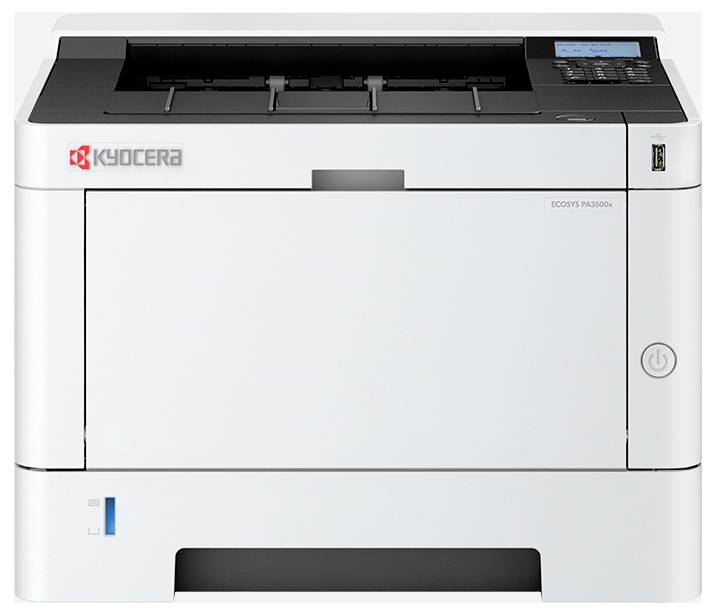 Une imprimante laser blanche avec un dessus noir, affichant le logo « Kyocera » et le nom de modèle « ECOSYS P3150DN ». Elle dispose d'un bouton d'alimentation et d'un port USB à l'avant.