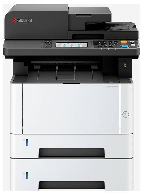 Une imprimante multifonction Kyocera avec un socle blanc et un dessus noir, dotée d'un panneau de commande, de bacs à papier et d'un emplacement de sortie.