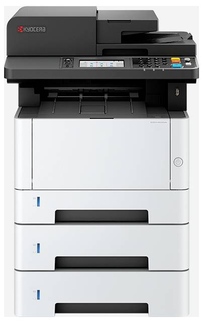 Une imprimante multifonction noir et blanc avec un affichage numérique et plusieurs bacs, dotée de boutons pour copier, numériser et imprimer.