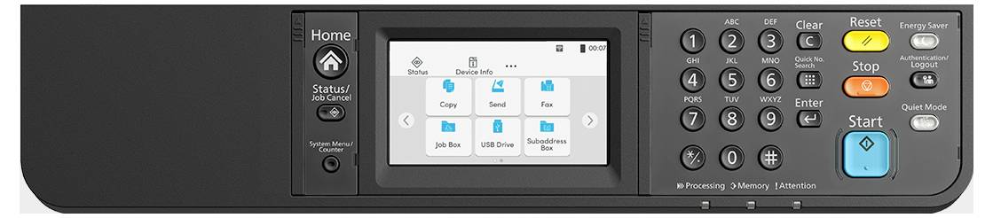 L'image montre un panneau de commande d'imprimante avec un écran tactile central affichant les options : « Copier », « Numériser », « Fax », « État des travaux » et « Numériser vers un dossier réseau ».