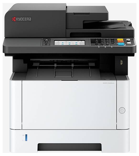 Un imprimante multifonction noir et blanc avec un panneau de commande et un chargeur de documents, de marque 'Kyocera', présentée sur un fond uni.