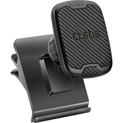 Support de téléphone pour voiture magnétique noir avec un motif en fibre de carbone, marqué du logo « sbs ». Il dispose d'une pince pour un montage facile sur les aérateurs.