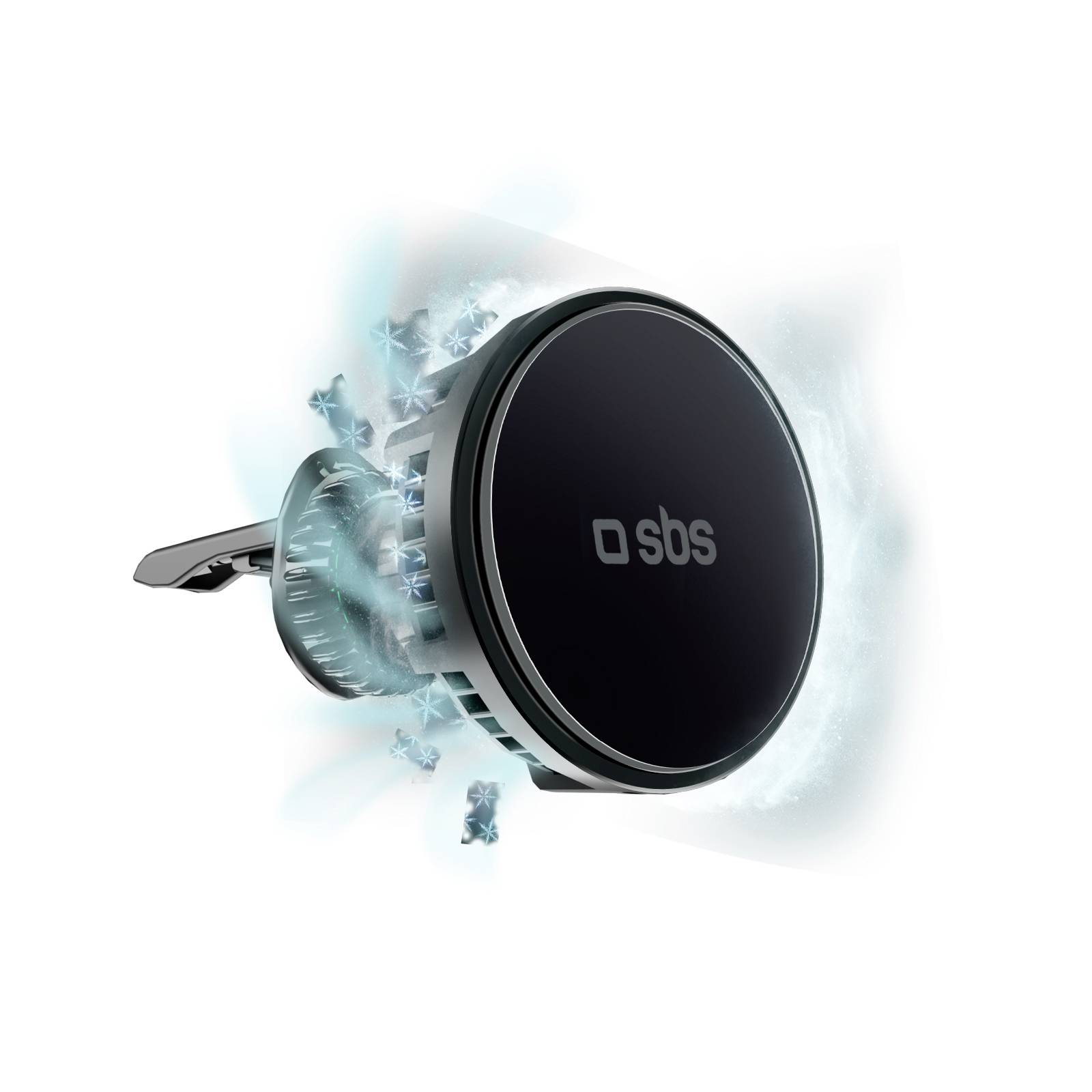 Support magnétique pour téléphone avec prise d'air, doté d'une capacité de charge et émettant une lueur bleue douce. Présente le logo SBS sur la surface avant.