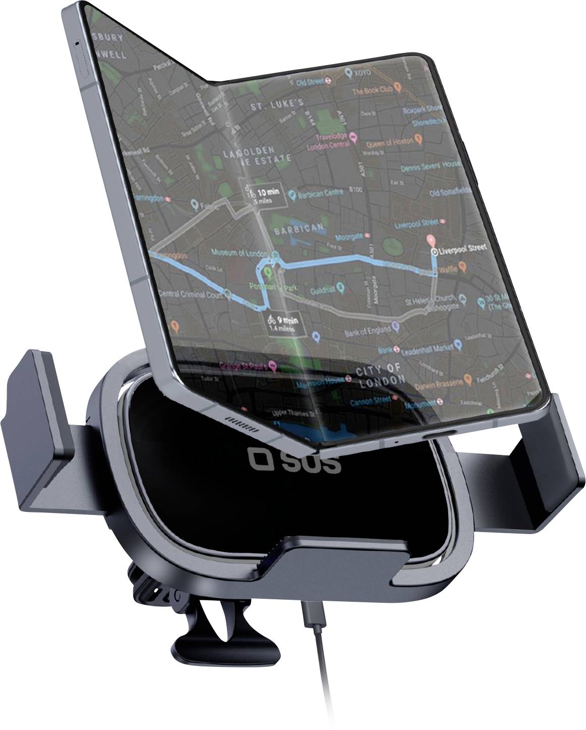 Un téléphone portable monté sur un support de voiture affiche une application de navigation avec une carte de la ville, indiquant un itinéraire spécifique et des épingles de localisation.