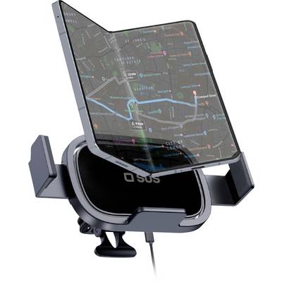 Un téléphone portable monté sur un support de voiture affiche une application de navigation avec une carte de la ville, indiquant un itinéraire spécifique et des épingles de localisation.