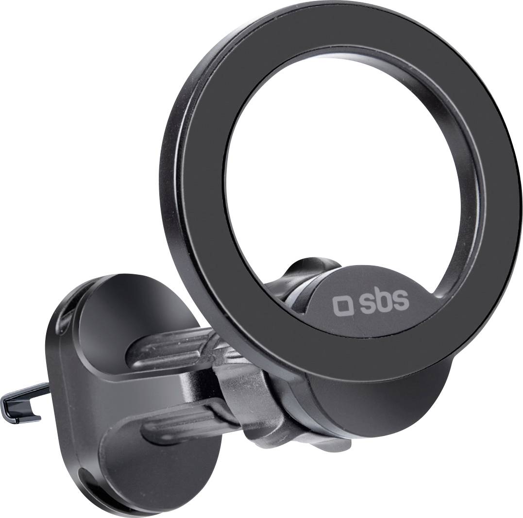 Un support de téléphone magnétique circulaire avec fixation par pince, marque « sbs » ; conçu pour les fentes de ventilation automobile afin de maintenir fermement les smartphones.