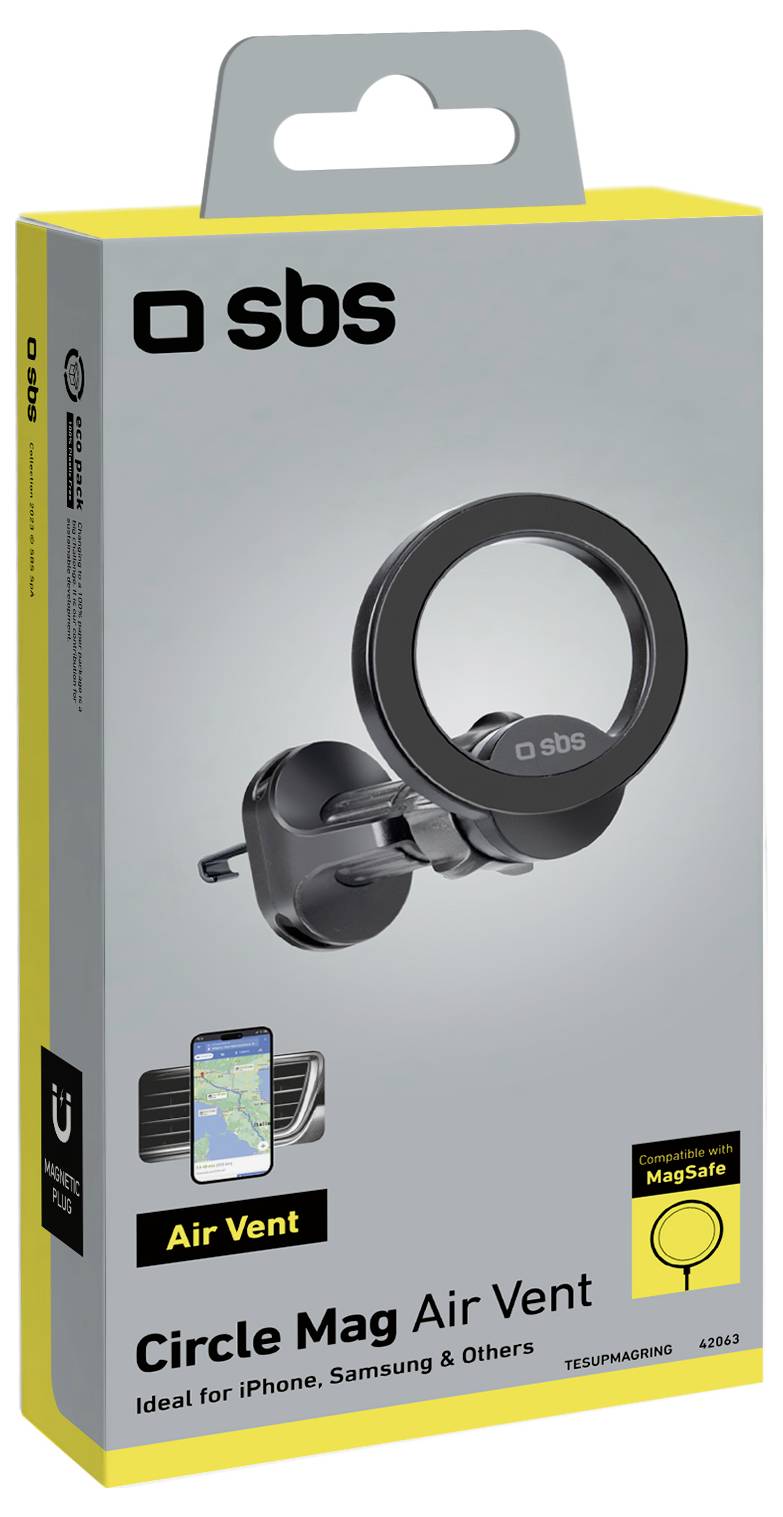 Support de téléphone 'Circle Mag Air Vent' de SBS, compatible avec iPhone, Samsung et autres, avec compatibilité MagSafe.