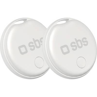 « Deux traceurs sans fil de marque SBS, blancs et ronds, avec un petit bouton, conçus pour localiser les objets perdus, sur un fond blanc. »