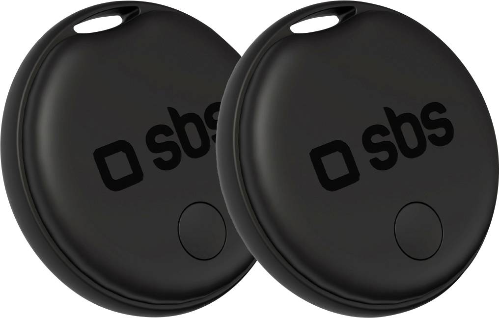 Deux dispositifs de suivi Bluetooth ronds de marque SBS noirs avec bouton et boucle pour clés ou sacs.