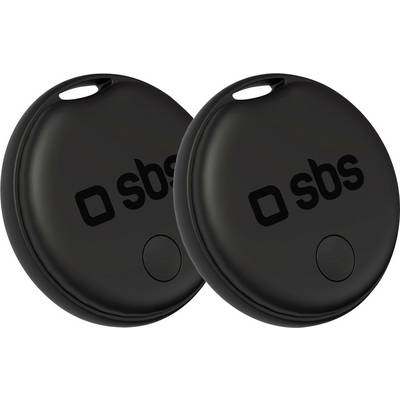 Deux dispositifs de suivi Bluetooth ronds de marque SBS noirs avec bouton et boucle pour clés ou sacs.