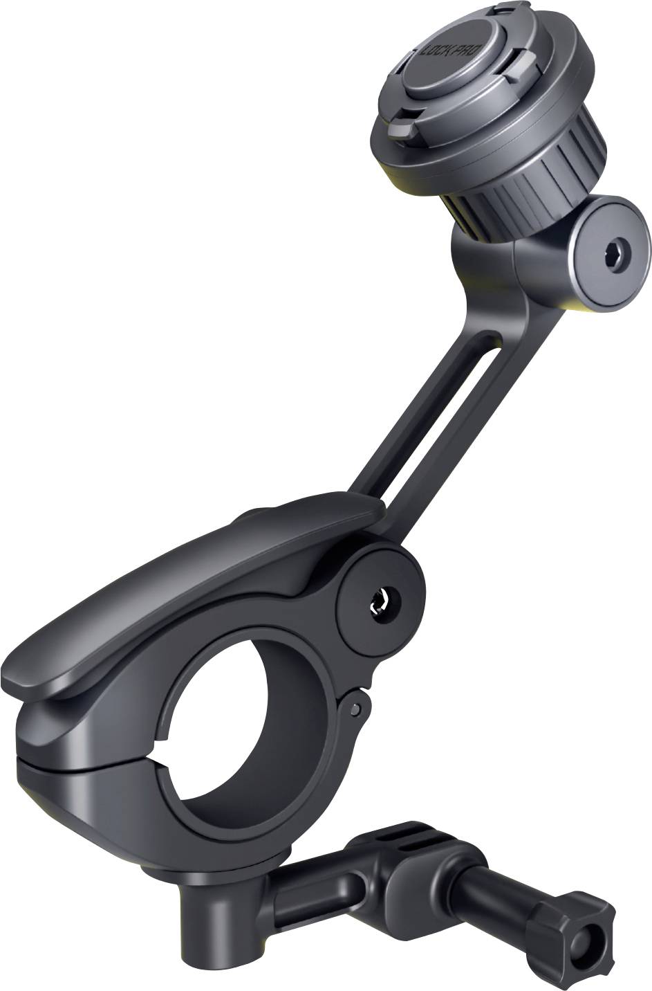 Un support réglable de couleur noire pour accessoires de vélo avec une pince pour guidon, conçu pour maintenir fermement les appareils ou accessoires en place.