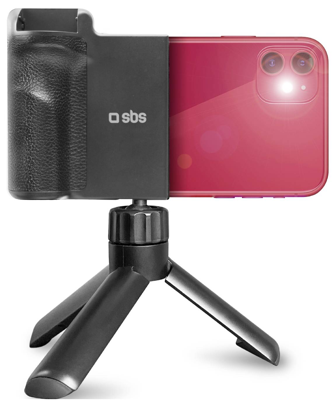 Un smartphone monté sur un petit trépied avec une poignée noire attachée, conçu pour la photographie ou l'enregistrement vidéo stable.