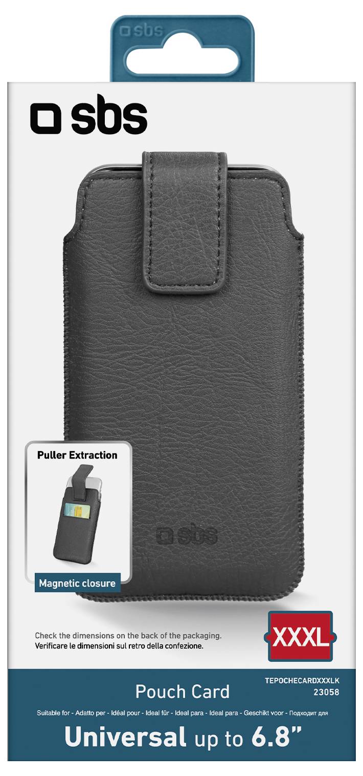 L'image montre un emballage de carte de pochette SBS pour un étui de téléphone universel, compatible avec les appareils jusqu'à 6,8 pouces, avec une fermeture magnétique.
