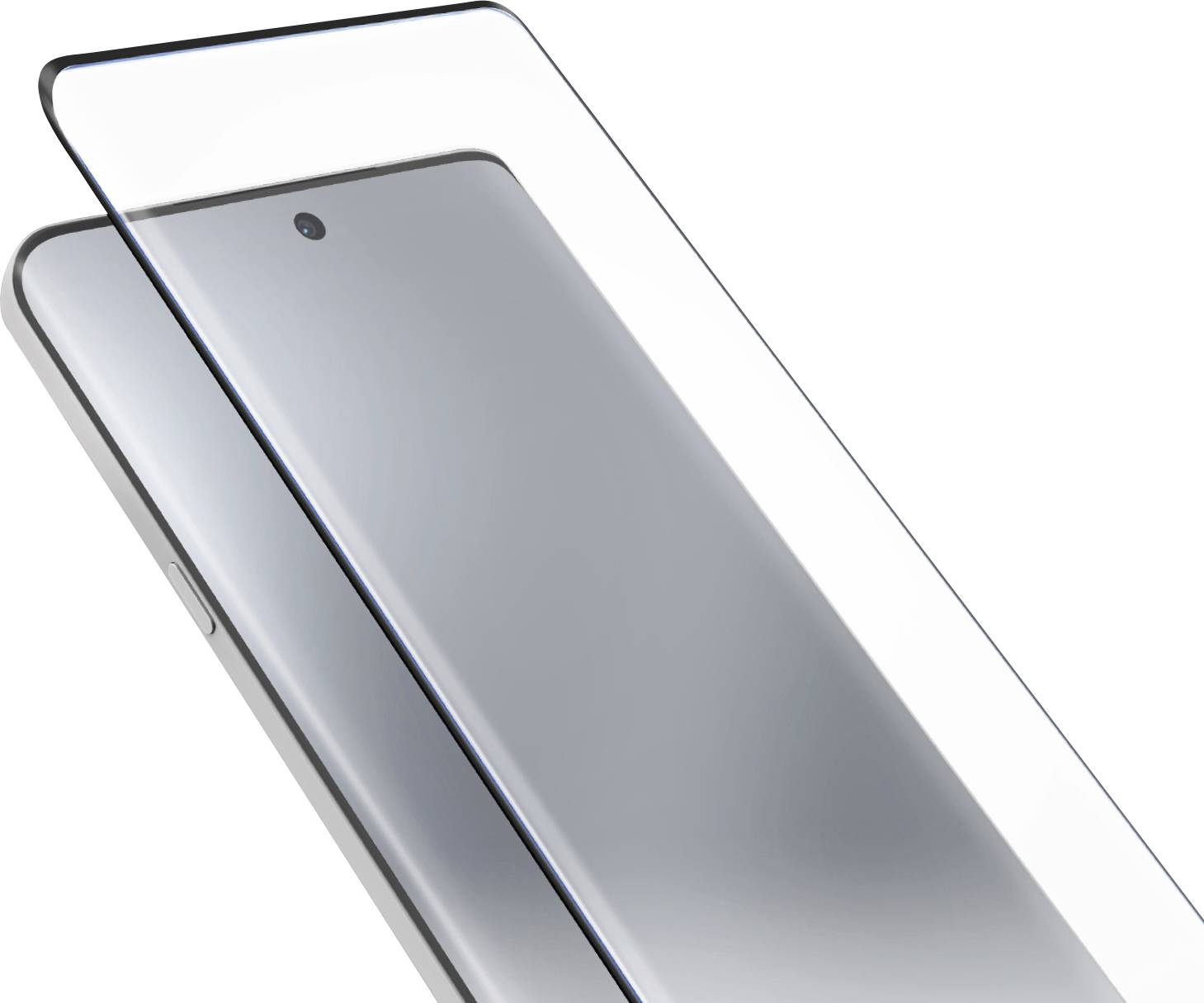 Un smartphone élégant avec un protecteur d'écran transparent flottant au-dessus, mettant en évidence son design fin et sa caméra frontale unique.