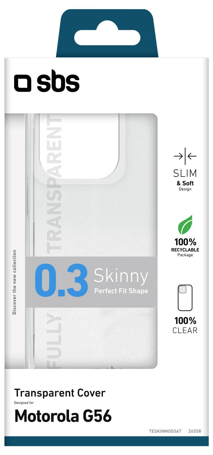 Emballage pour « Housse Transparente pour Motorola G56 » avec les points forts du produit : « Ultra Fin 0,3 mm », « Forme Parfaitement Adaptée », « 100% Recyclable », « 100% Transparent ».