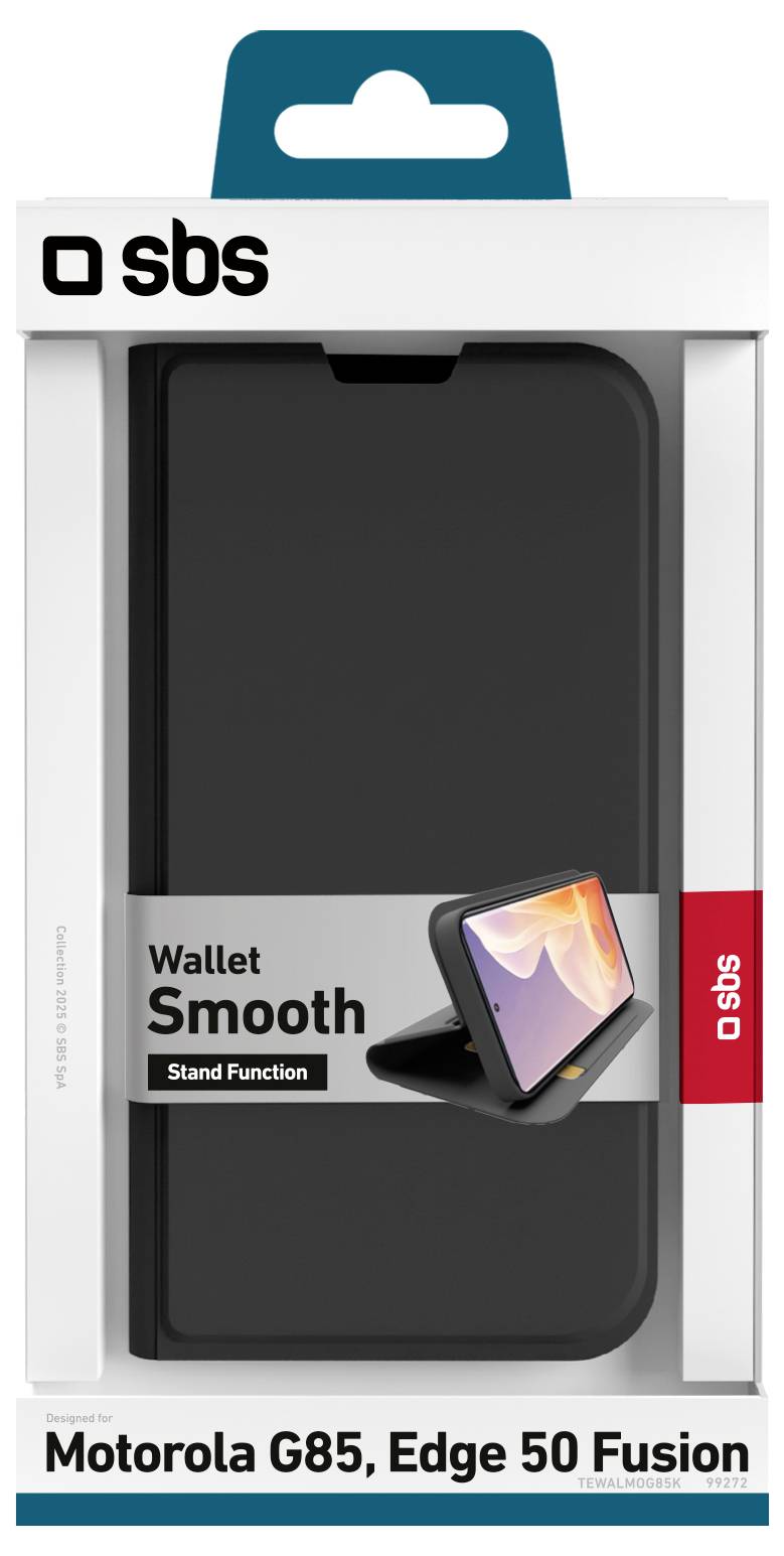 Étui de téléphone 'Wallet Smooth' pour Motorola G85 et Edge 50 Fusion avec fonction support, présenté dans son emballage de vente au détail.