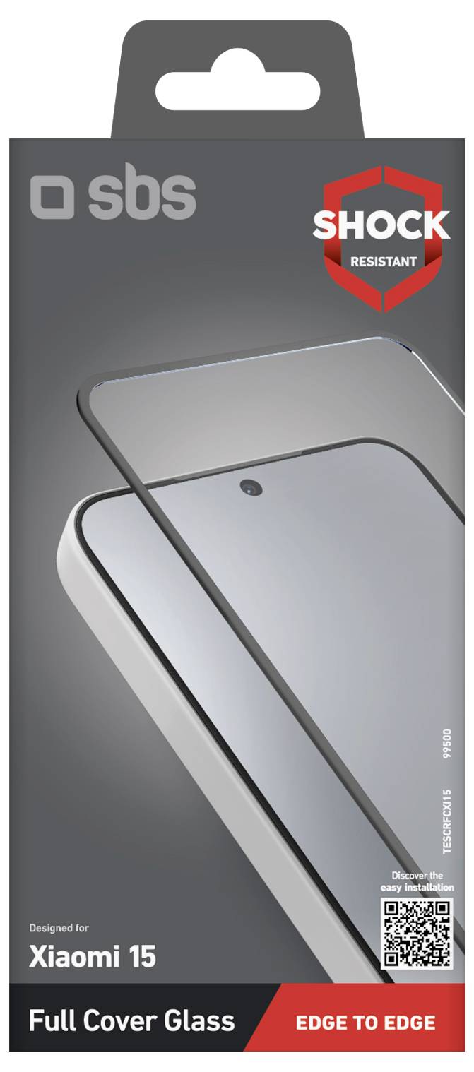 Emballage « Full Cover Glass » pour Xiaomi 15, avec étiquette « Résistant aux chocs », montrant un protecteur d'écran couvrant l'écran du téléphone de bord en bord.