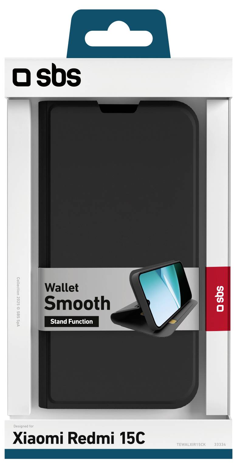 Emballage du étui 'SBS Wallet Smooth' pour Xiaomi Redmi 15C, présentant une fonction de support, affiché en noir avec image du produit à l'avant.