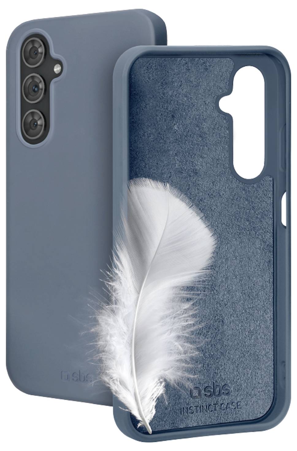 Un étui de téléphone bleu avec une découpe pour les objectifs de l'appareil photo est présenté avec une plume douce placée à l'intérieur, indiquant sa légèreté.